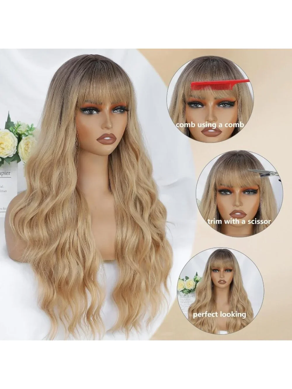 Women's Dark Blonde 26 Inch Natural Looking Heat Resistant Synthetic Wigs Bangs